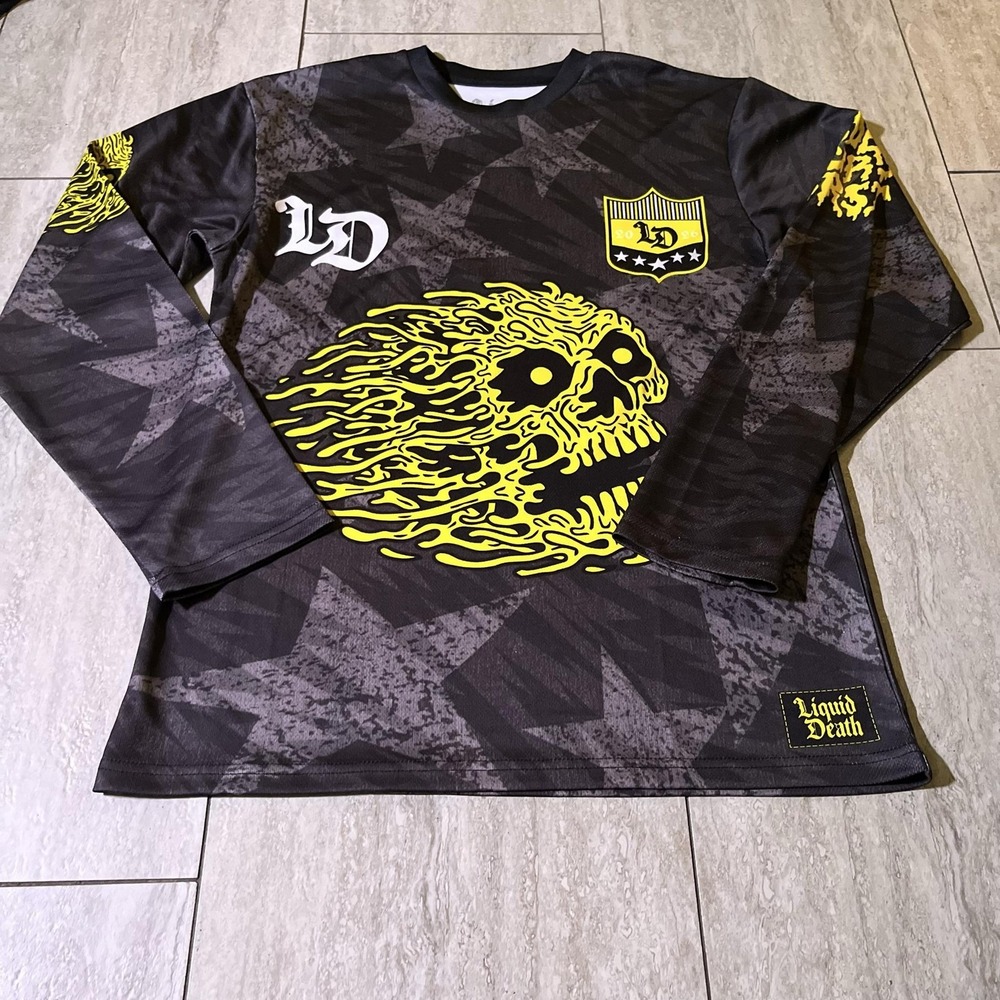 Liquid Death Shirt Mens Medium Black Yellow 26 Skull Jersey Long Sleeve Graphic